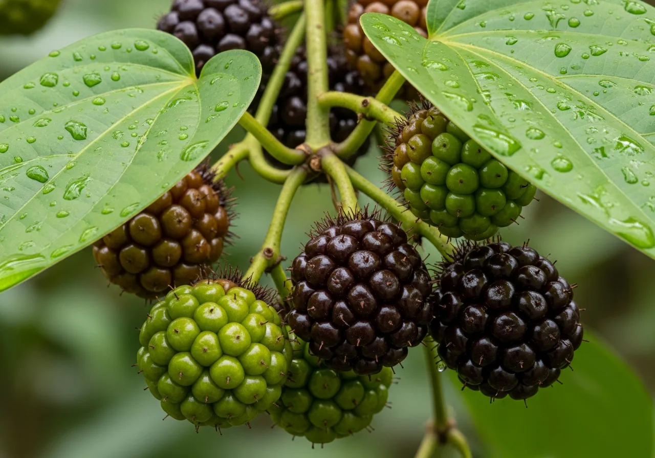 Assam-Pfeffer-Pflanze mit brombeerartigen Fruchtständen