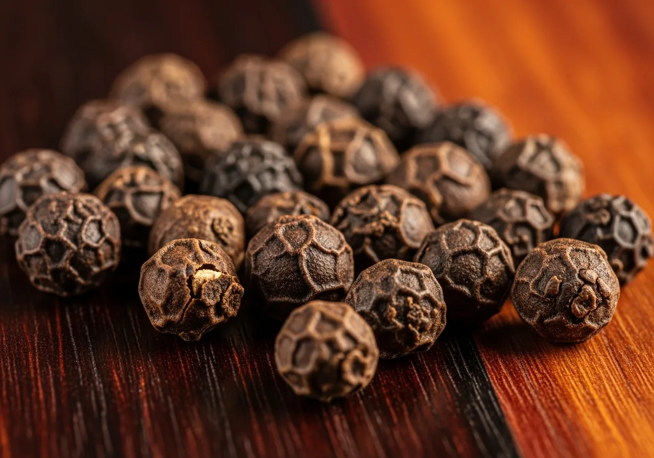 Belém-Pfefferkörner auf tropischem Holz