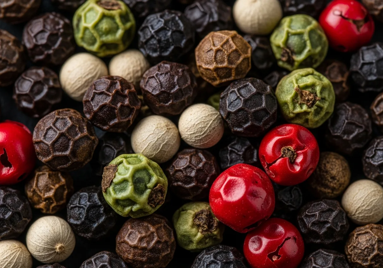 Vier Pfeffersorten: schwarz, weiß, grün und rot