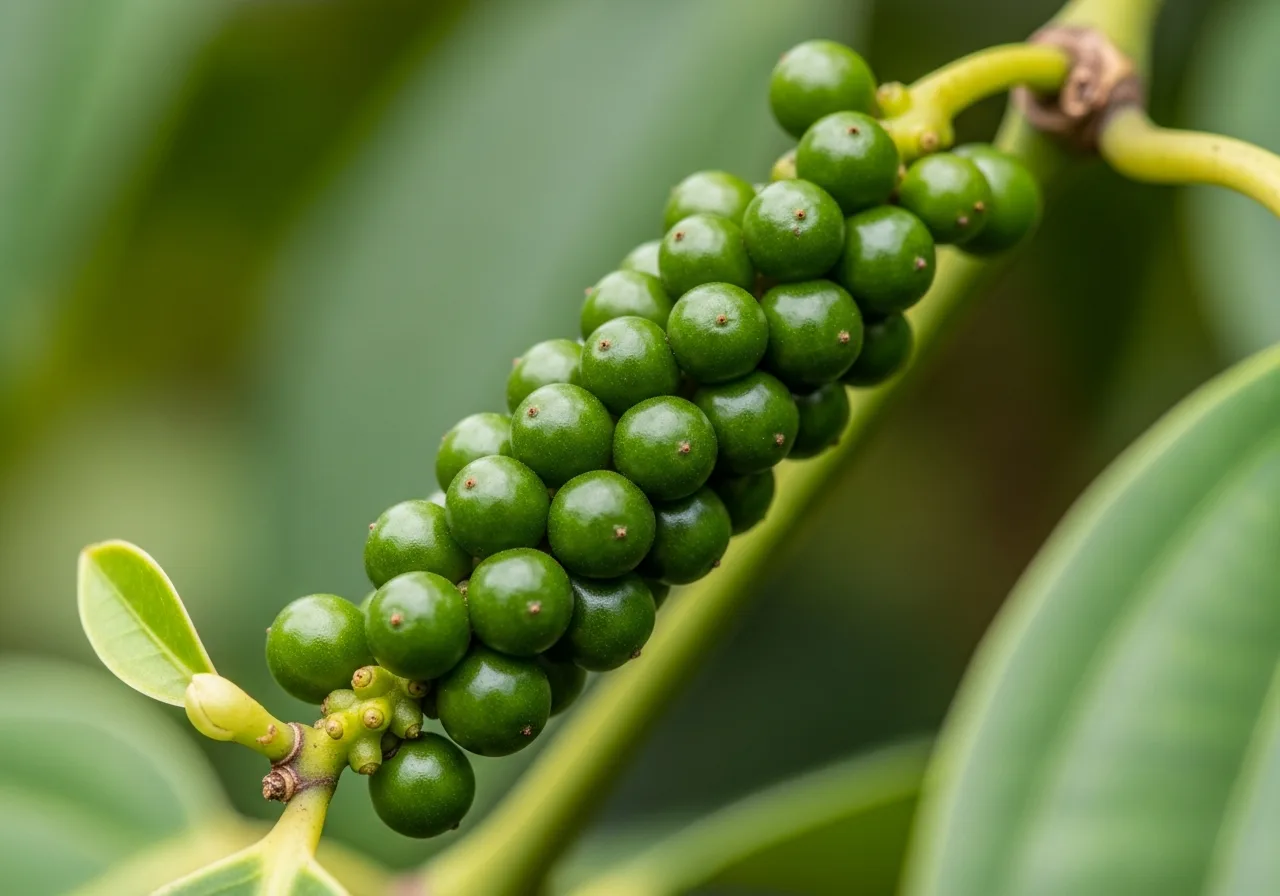 Frische grüne Pfefferkörner an der Rispe