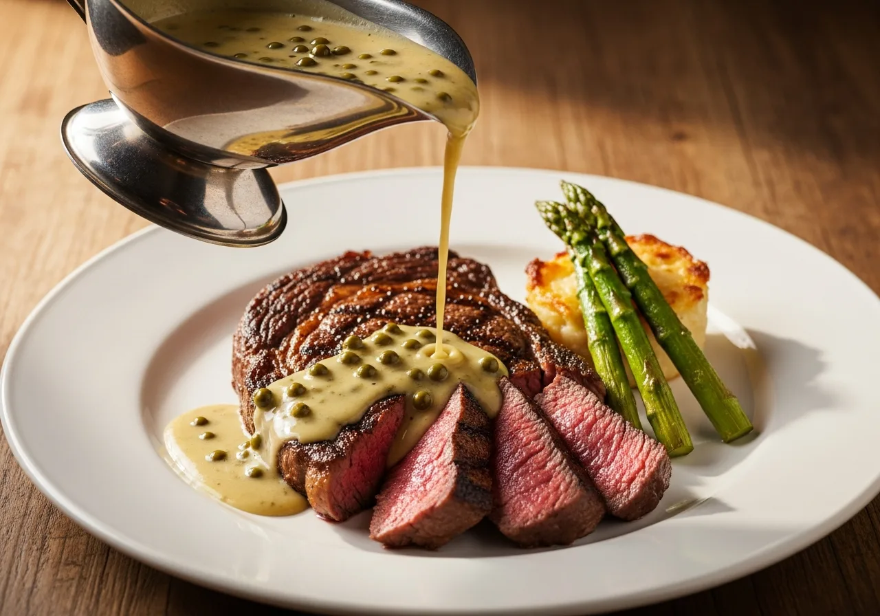 Grüne Pfeffersauce über gegrilltem Steak