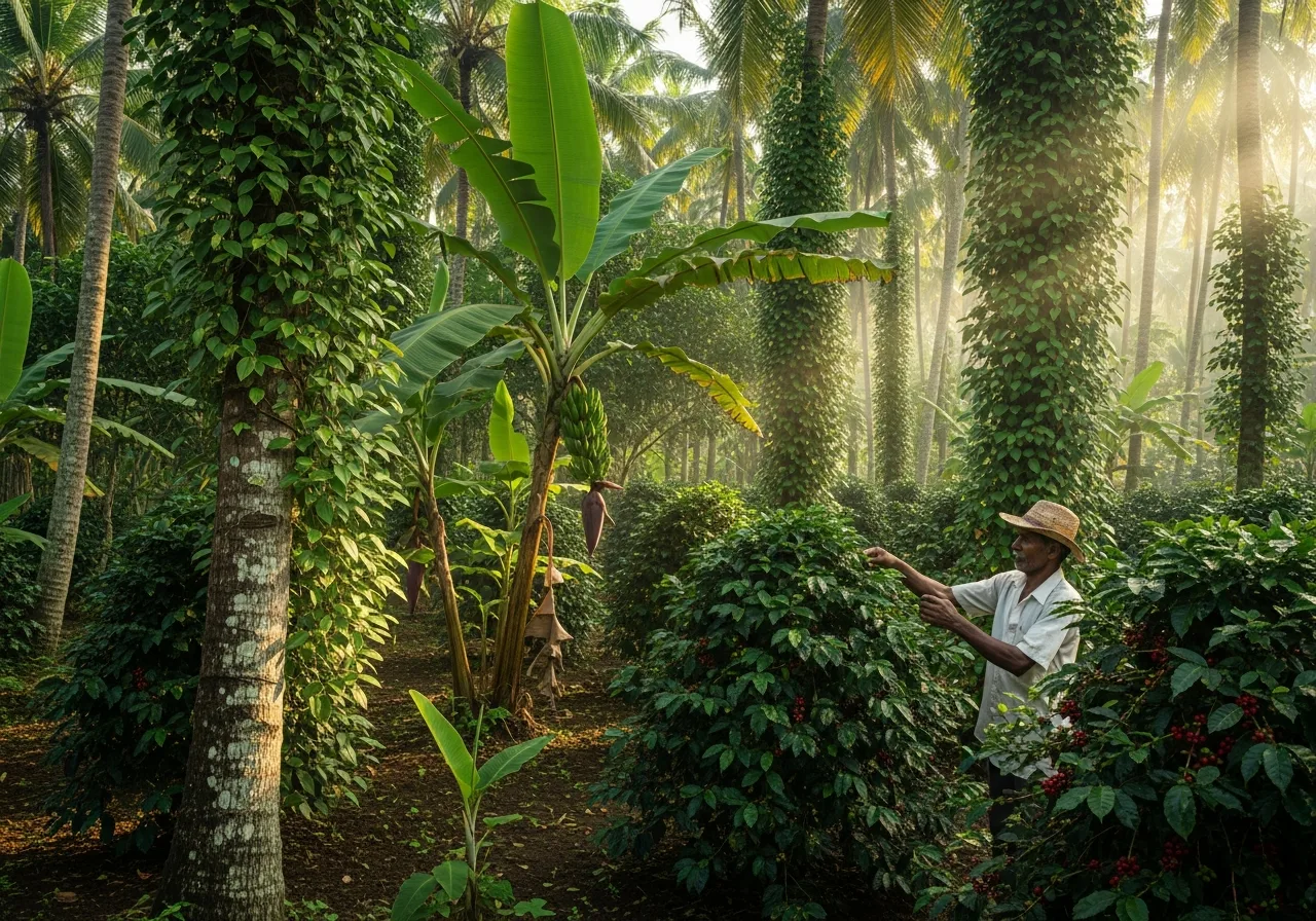 Traditioneller Gewürzgarten in Kerala mit Pfefferranken