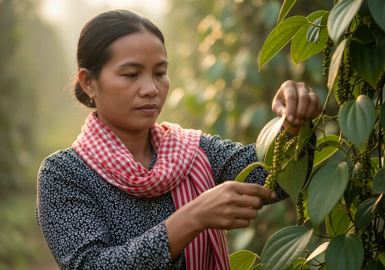 Handverlesene Pfefferernte in Kampot