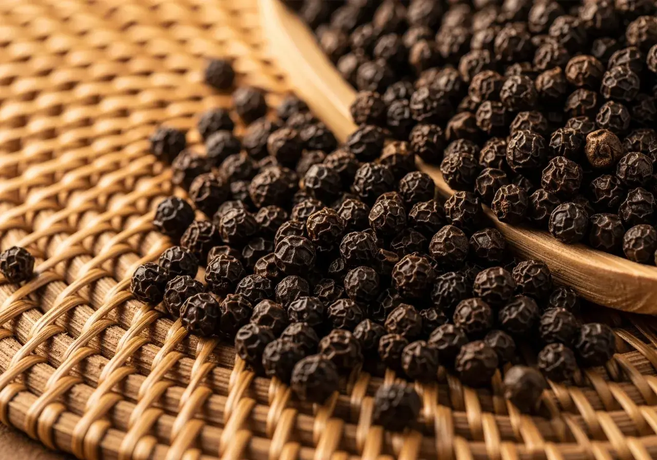 Lampong-Pfefferkörner auf Rattanmatte