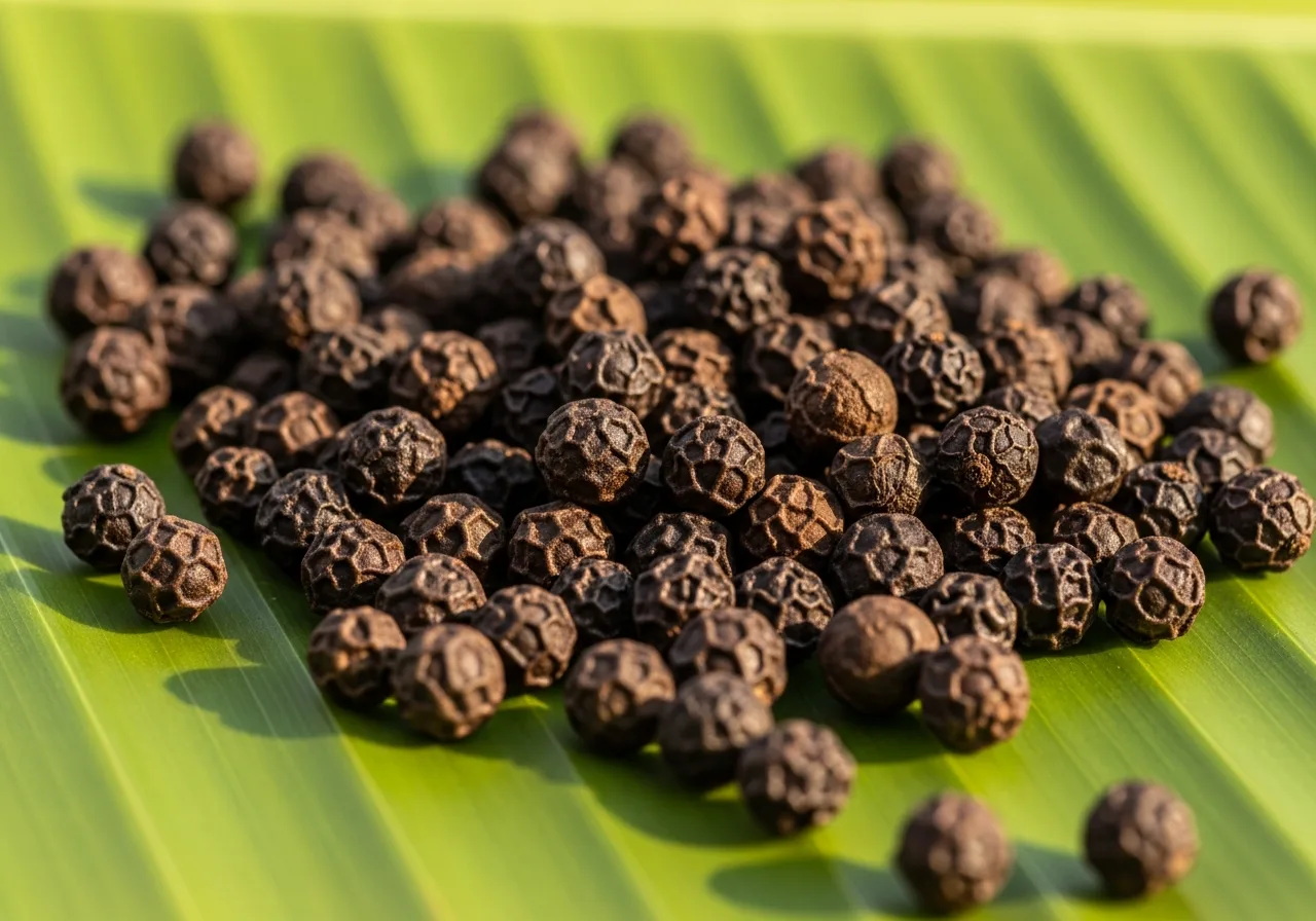 Malabar-Pfefferkörner auf Bananenblatt