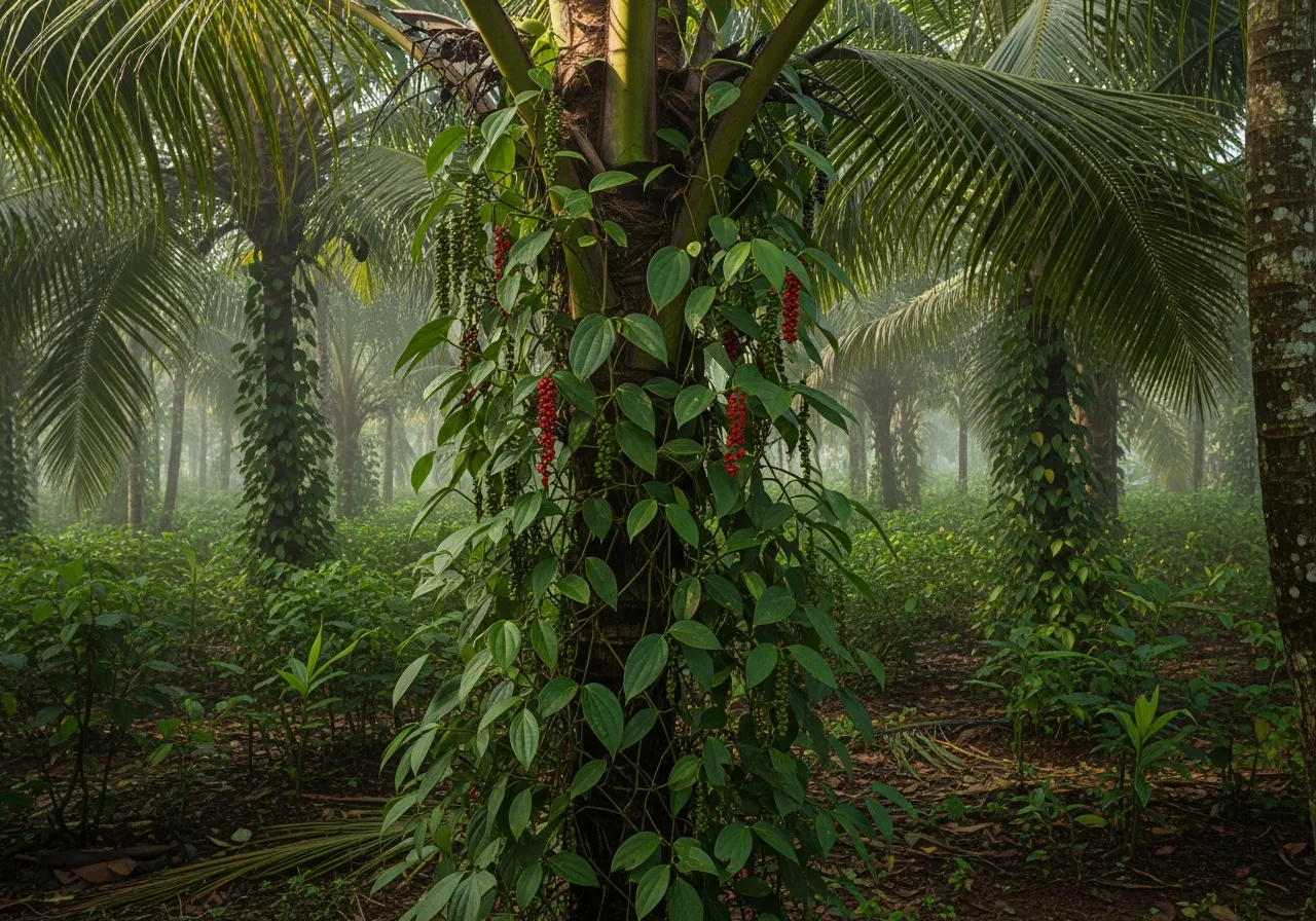 Pfefferranke an Kokospalme in Kerala