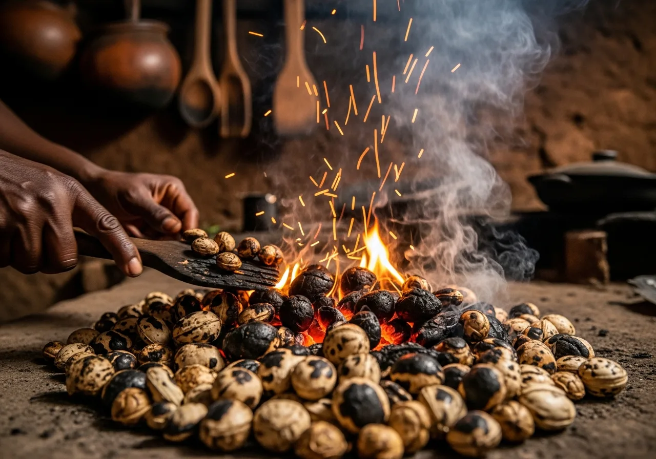 Traditionelles Rösten von Mbongo-Gewürzen