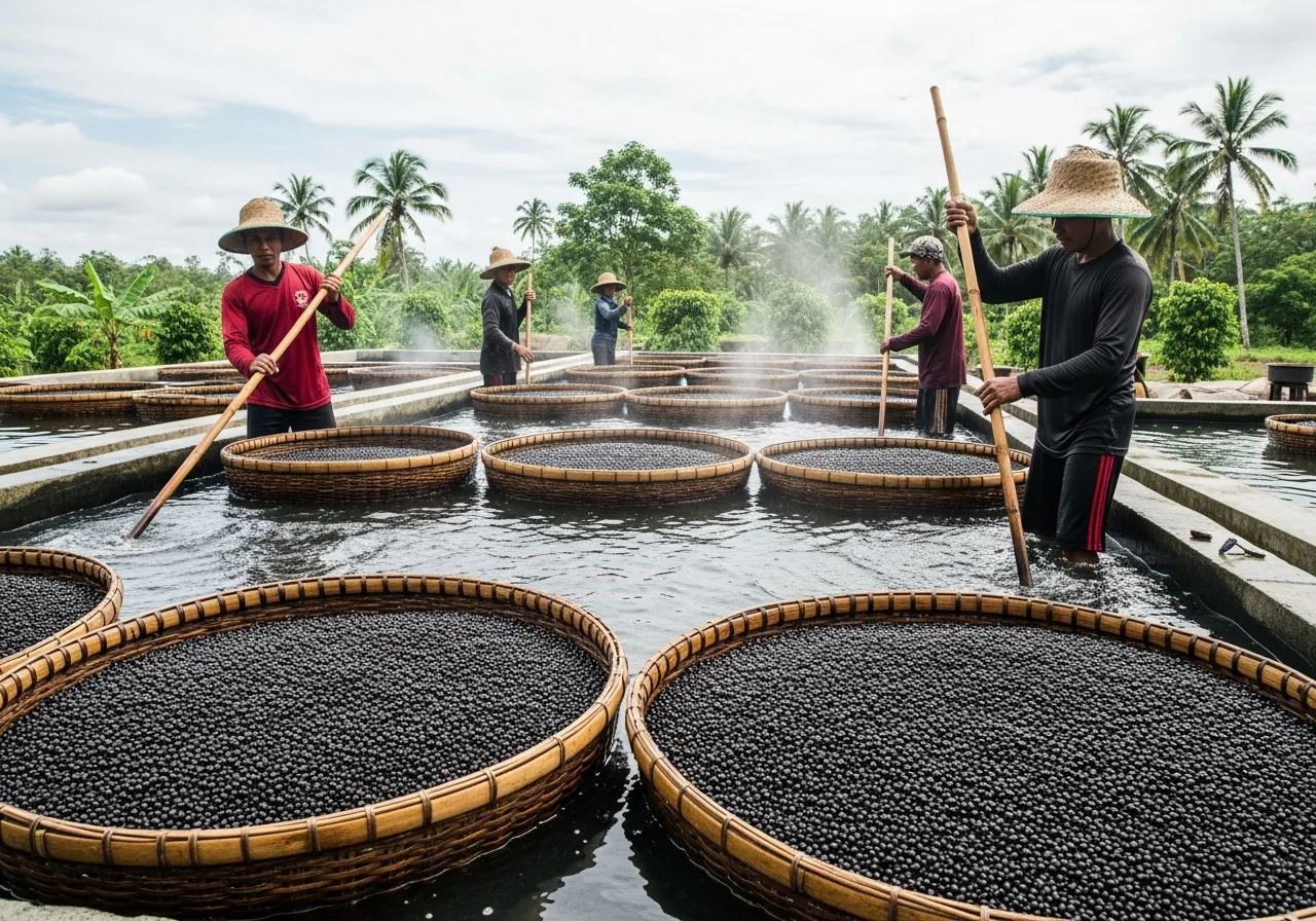 Traditionelle Wasserrötung von Muntok-Pfeffer