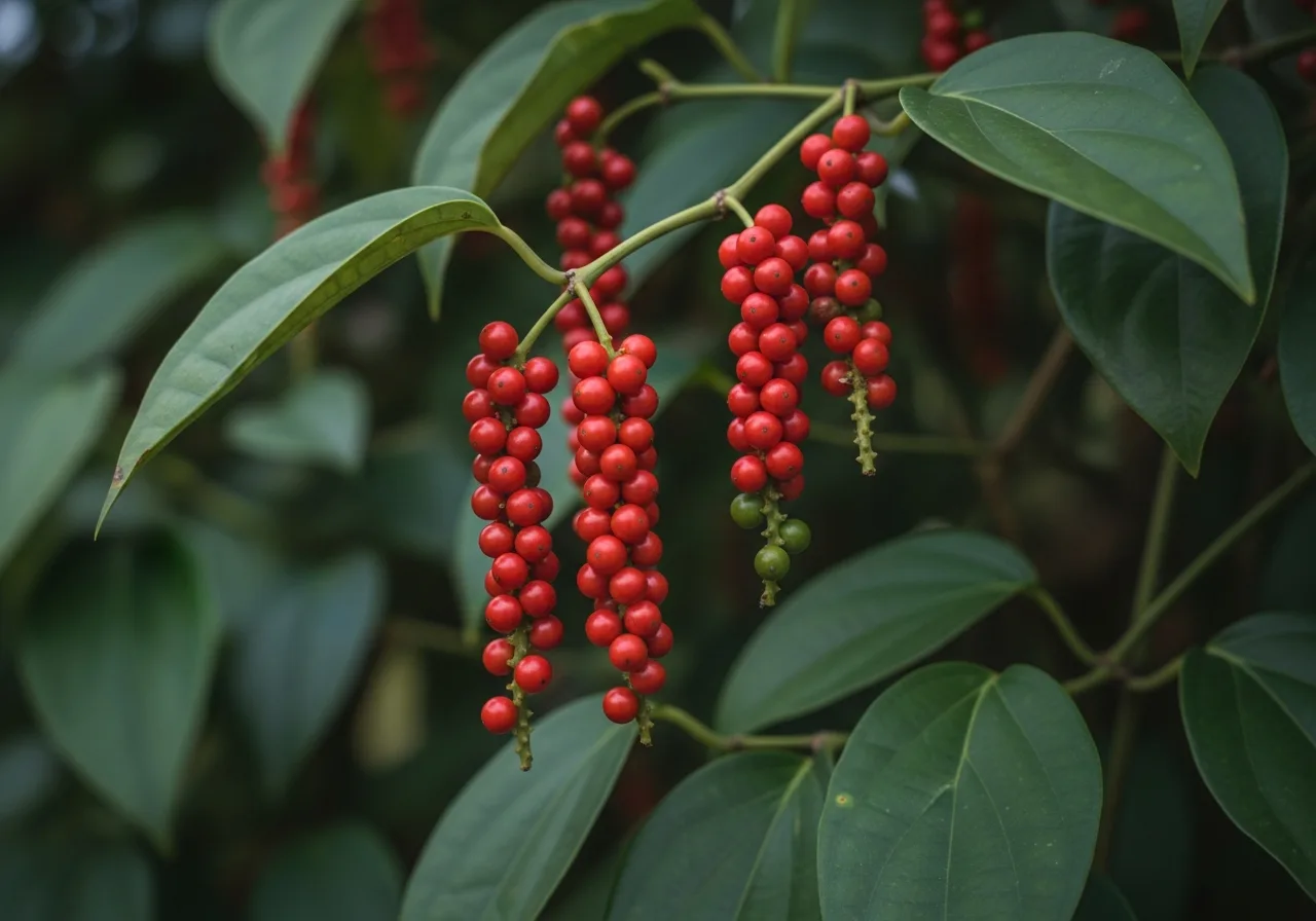 Reife rote Pfefferfrüchte an der Rispe