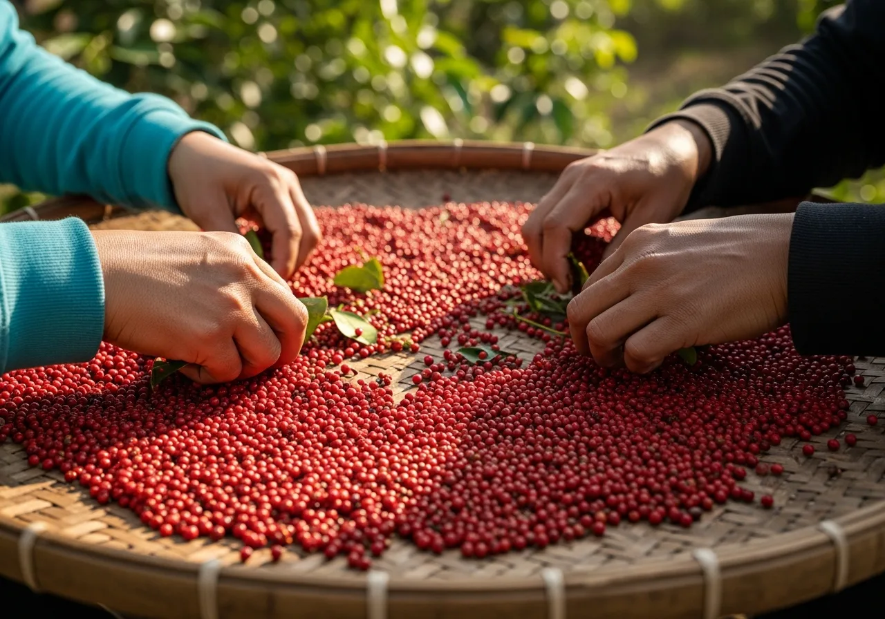 Handsortierung von roten Pfefferkörnern
