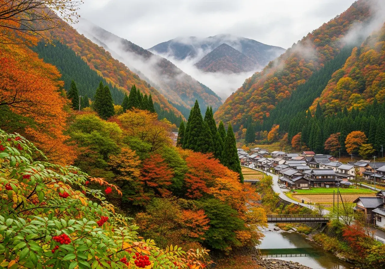 Japanische Berglandschaft im Herbst