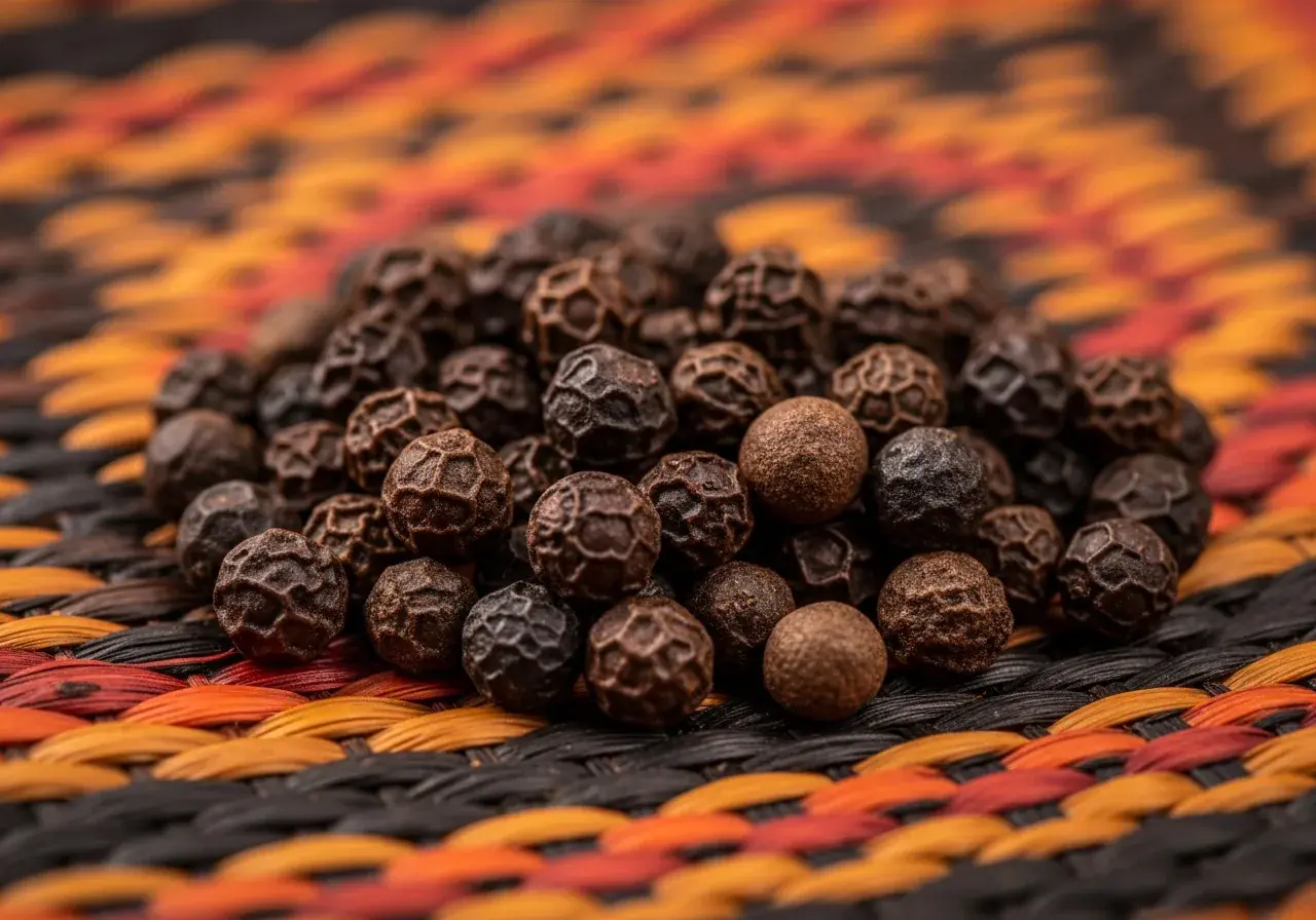 Sarawak-Pfefferkörner im traditionellen Flechtkorb