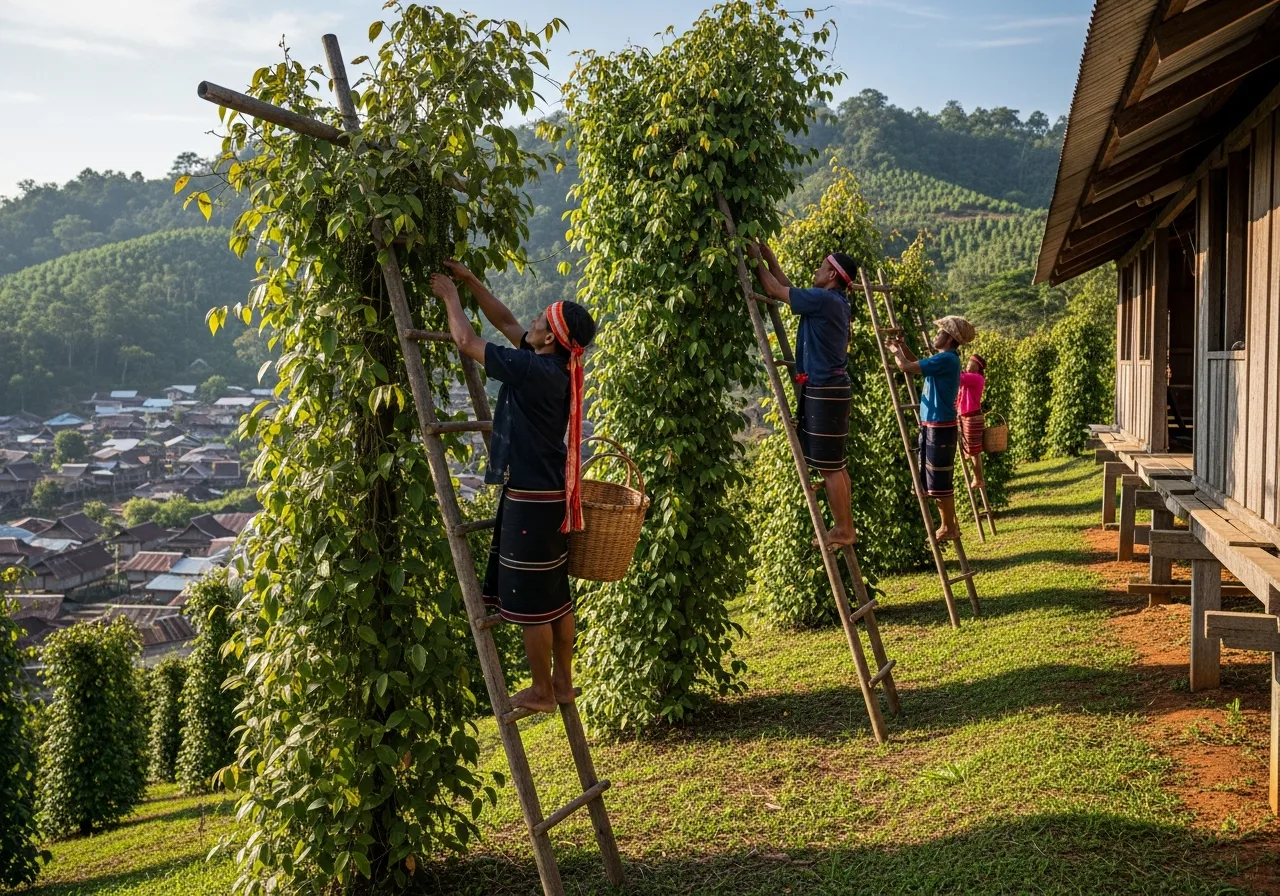 Pfefferernte in Sarawak, Borneo