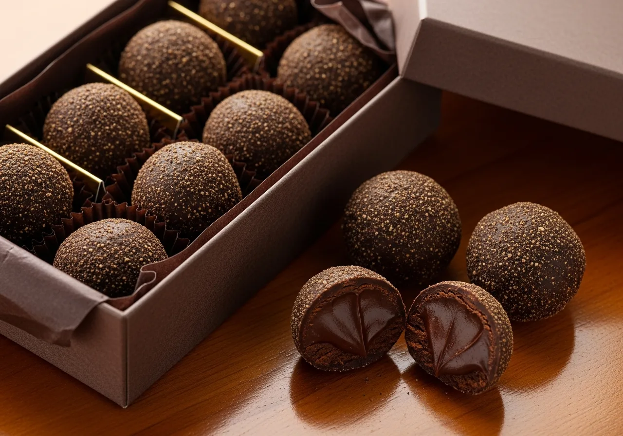 Dunkle Schokoladentrüffel mit Schokoladenpfeffer