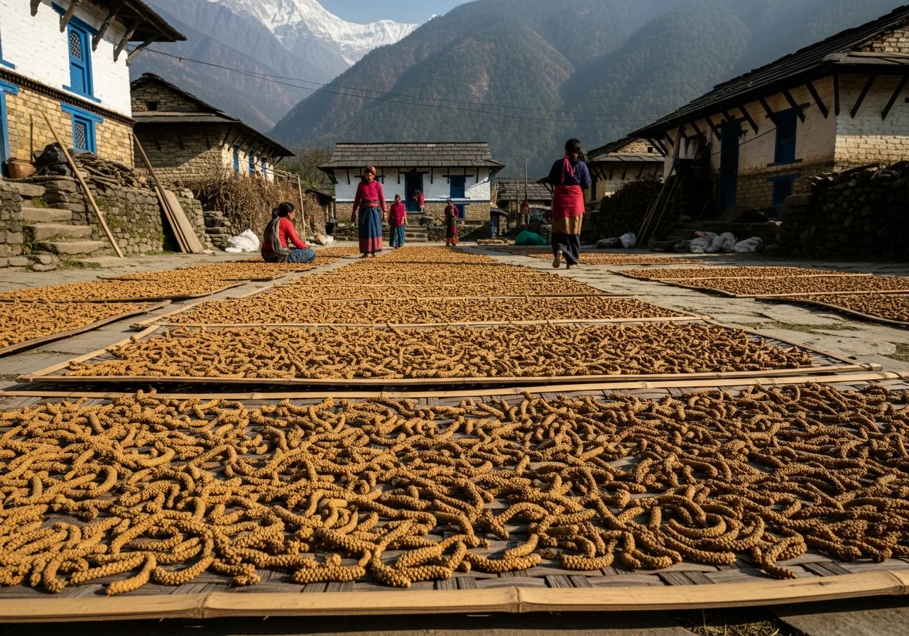Spätlese-Trocknung von Langem Pfeffer in Nepal