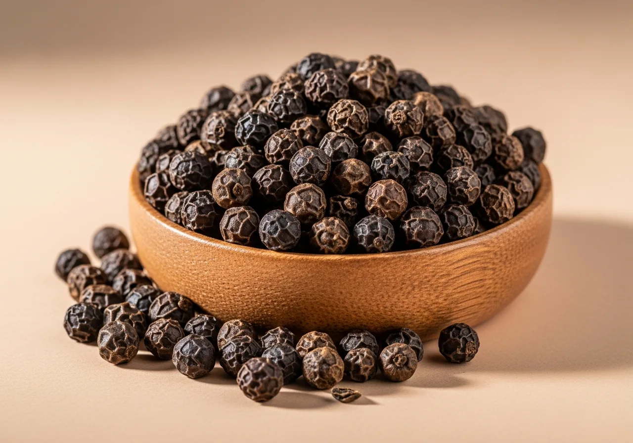 Schwarze Pfefferkörner in einer Holzschale