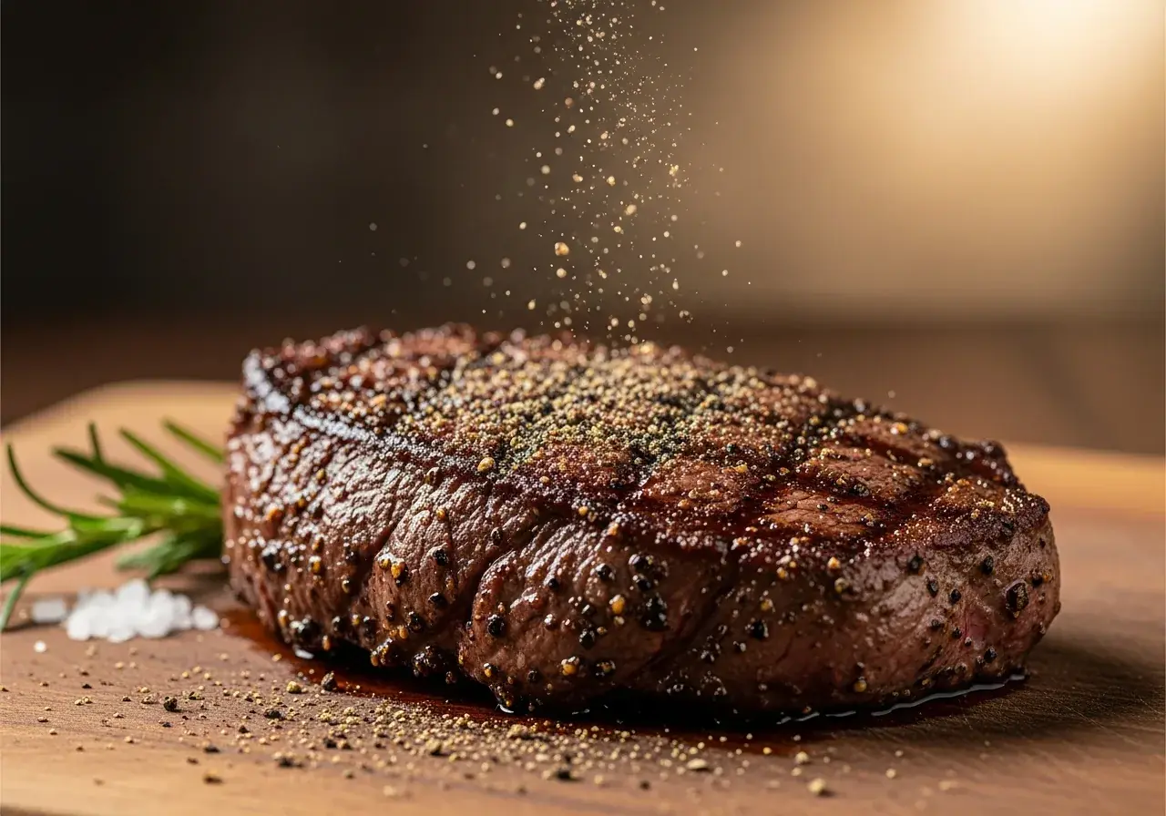 Frisch gemahlener schwarzer Pfeffer auf einem Steak