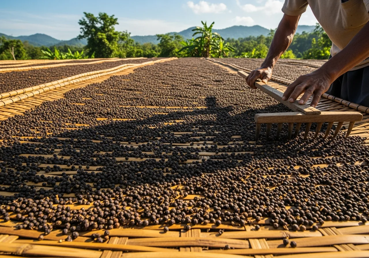 Pfefferkörner trocknen auf Bambusmatten in der Sonne