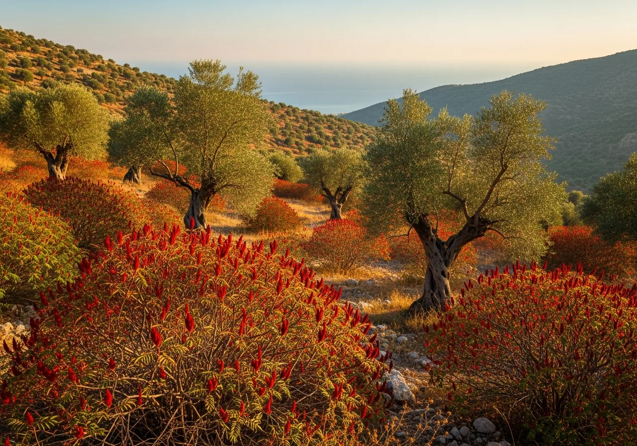 Mediterrane Hügellandschaft mit Sumach-Sträuchern