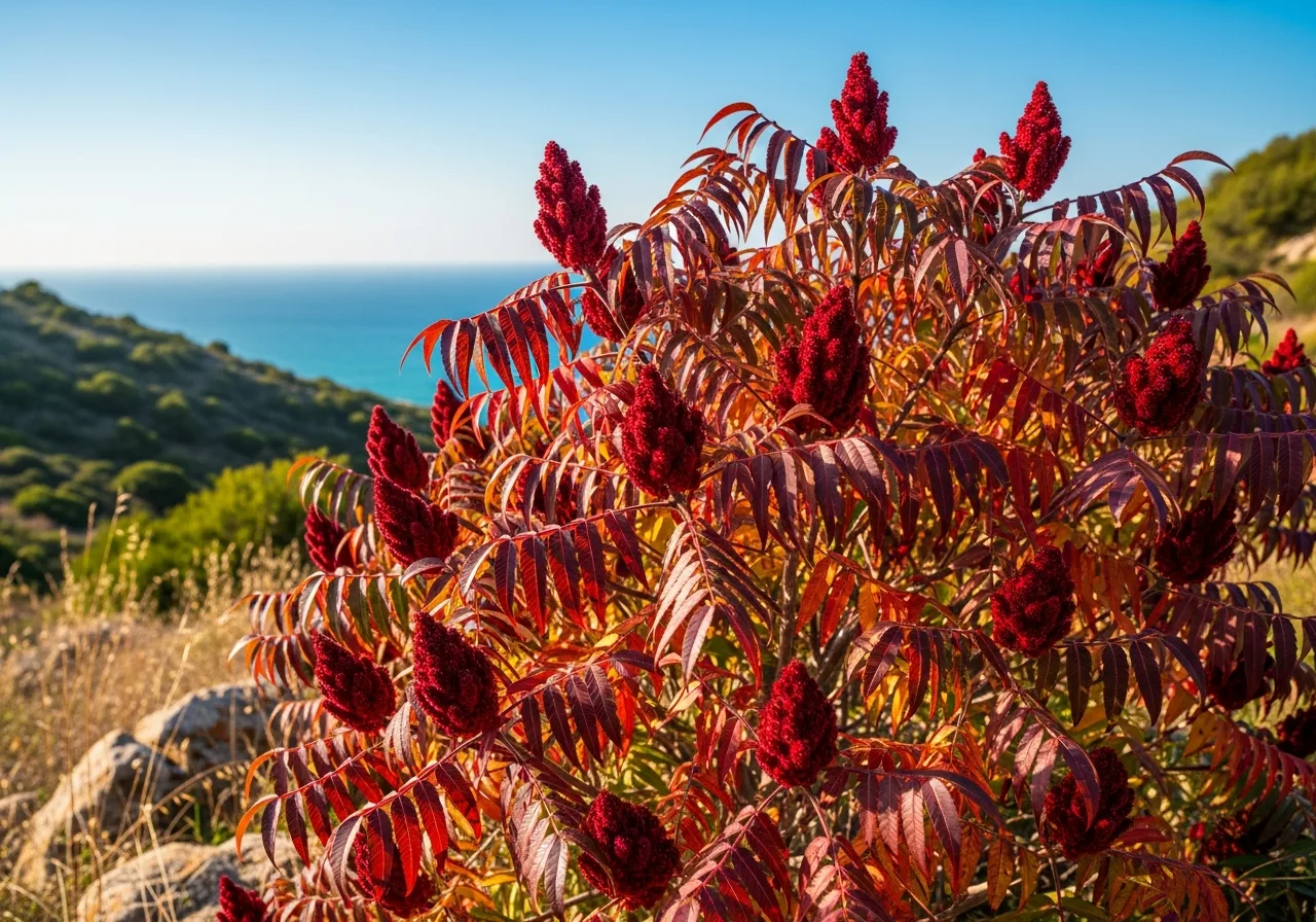 Sumach-Strauch mit roten Fruchtständen