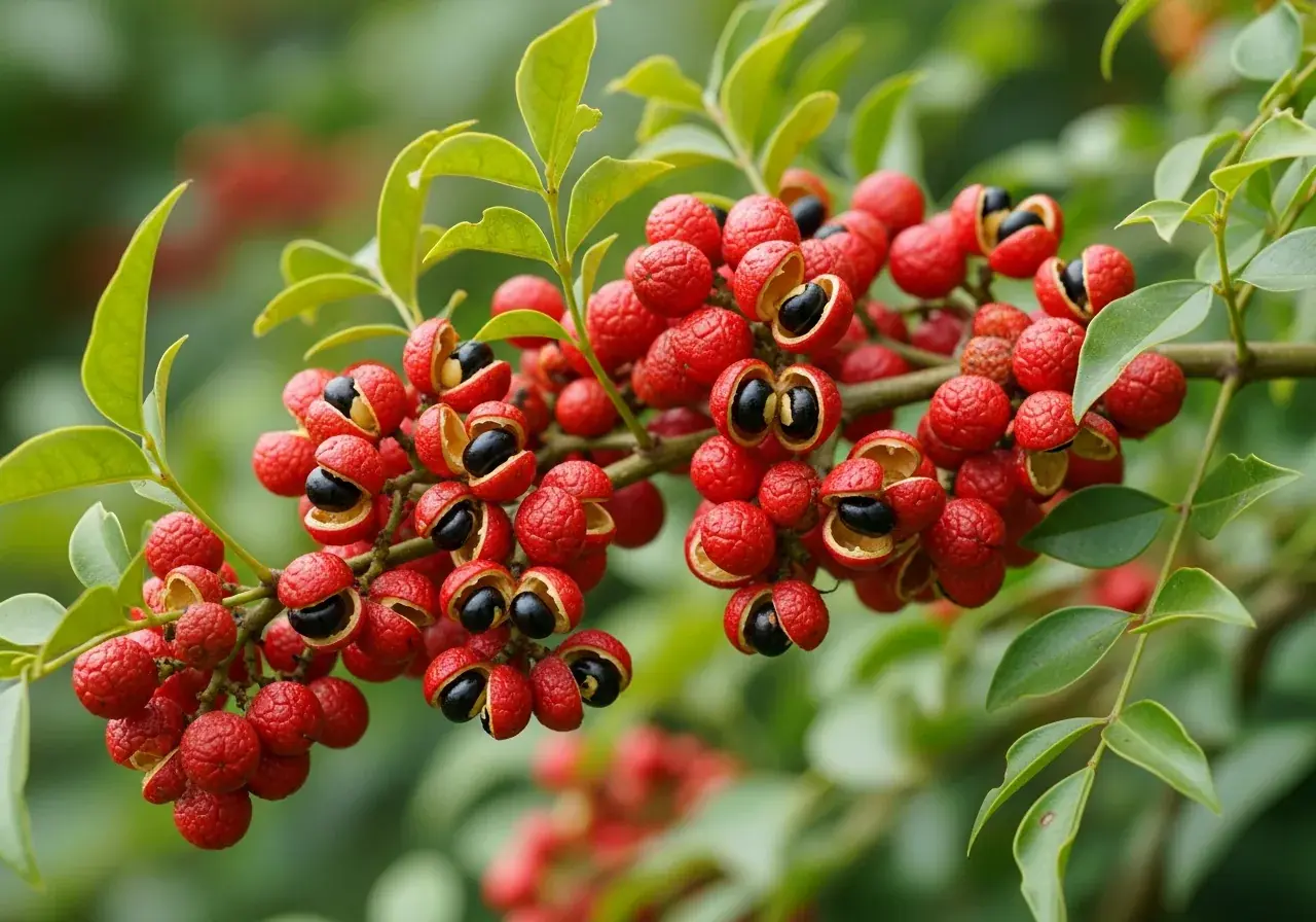 Szechuanpfeffer-Baum mit roten Früchten