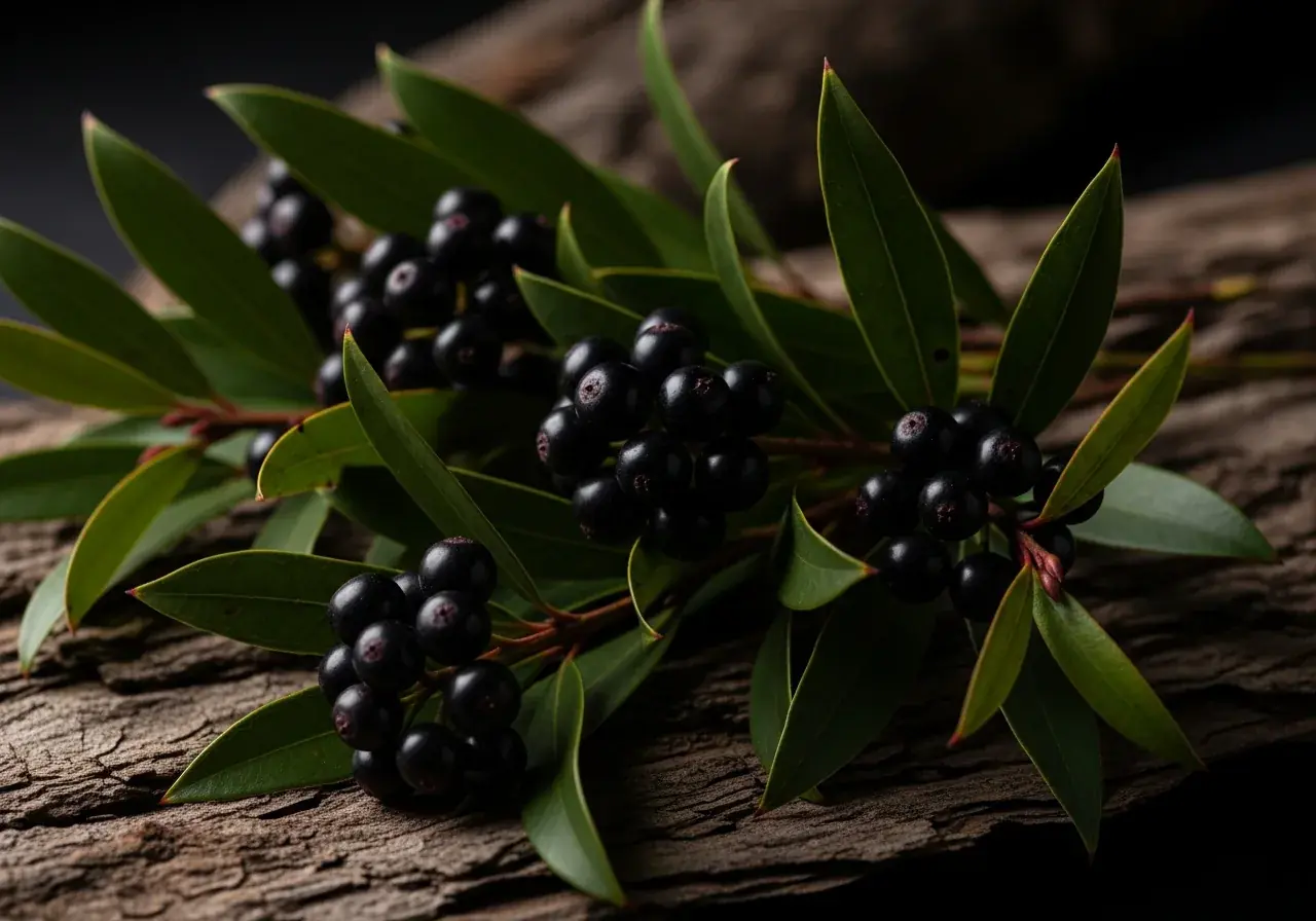 Tasmanische Bergpfefferbeeren und -blätter