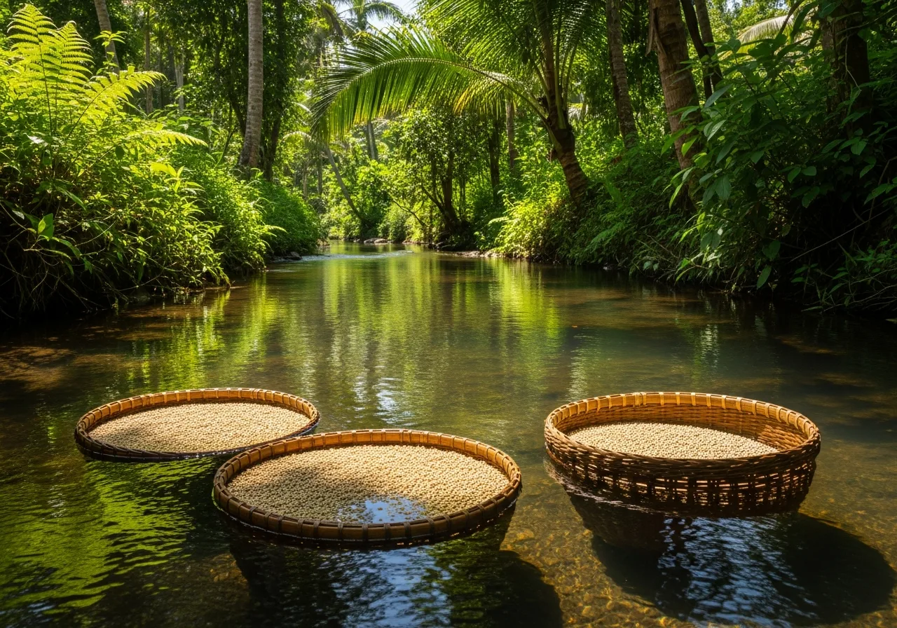 Wasserrötung von Pfefferkörnern in fließendem Wasser